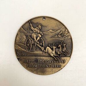 John Deere Vintage Antique Brass Santa and Reindeer Christmas Ornament